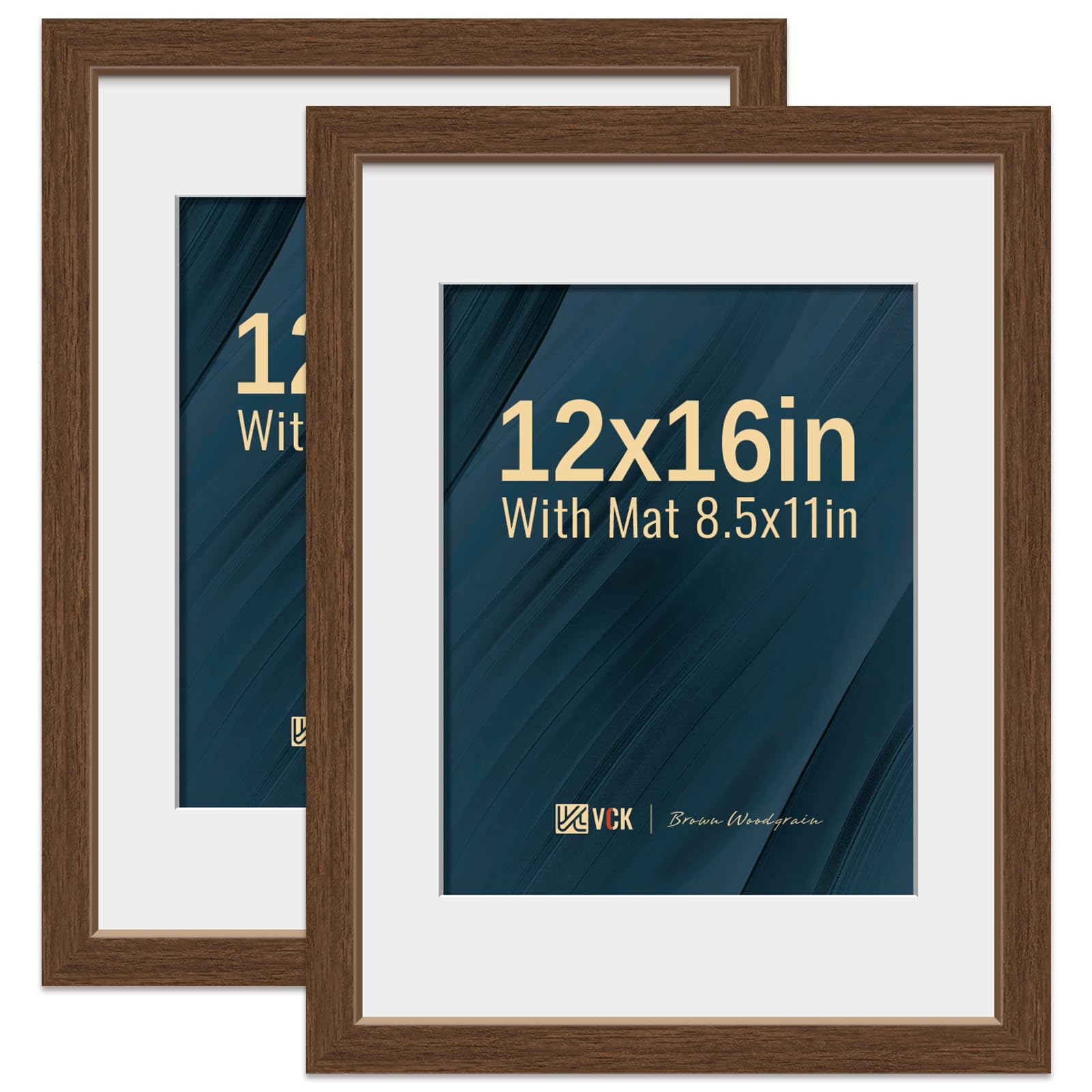 VCK 12x16 Picture Frame 2 Pack - Brown, High-End Wood Poster Frames with Tempered Glass, Display 8.5x11 Photo with Mat or 12x16 without Mat, Art