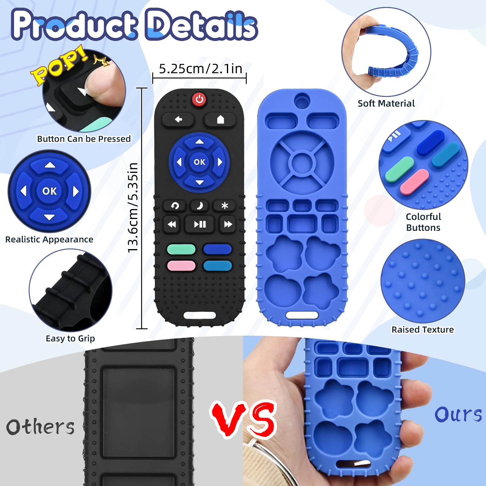 AiTuiTui Silicone Giochi Bambini per 3 6 9 12 Mesi,2 Pezzi Telecomando Giochi Dentizione Neonato per 0-6-18 Mesi, Giocattoli Sensoriali di Qualità Alimentare, Regali per Bambini Autistici, Nero e blu