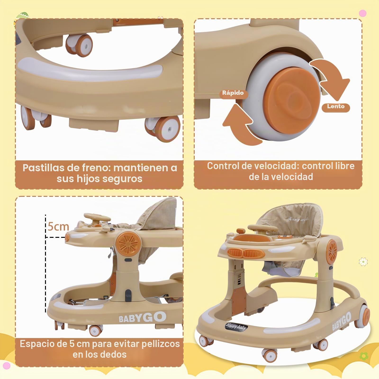 Andador Bebe 4 en 1, Carrito Bebes Plegable con Altura Ajustable y Musical Bandeja, Alfombrilla Suelo y Freno, Diseño Anticolisión, Correpasillos para Bebe 6-12 Meses