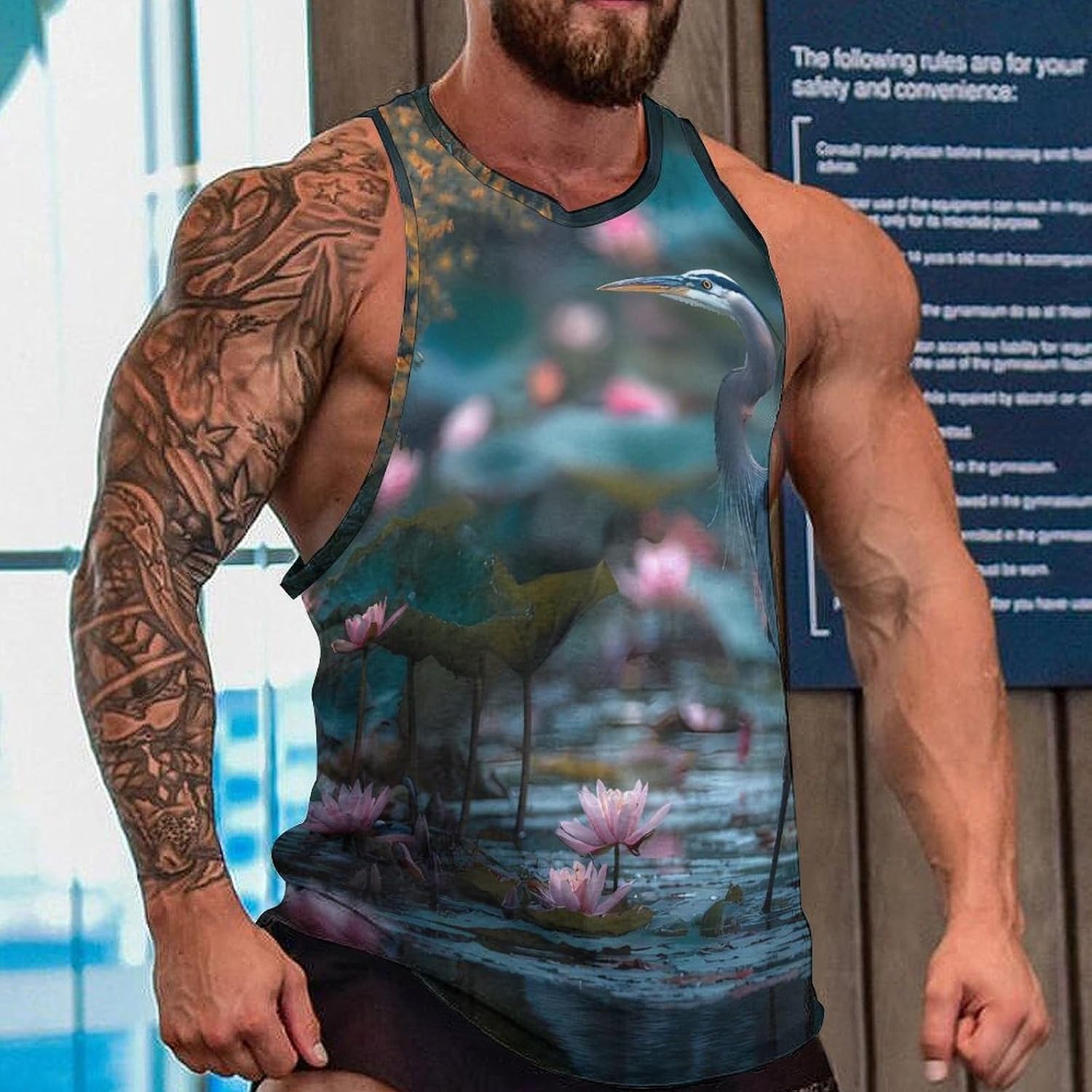 Blue Heron Heron in The Pond Men Tank Top Workout Shirt Muscle T Shirt 5XL
