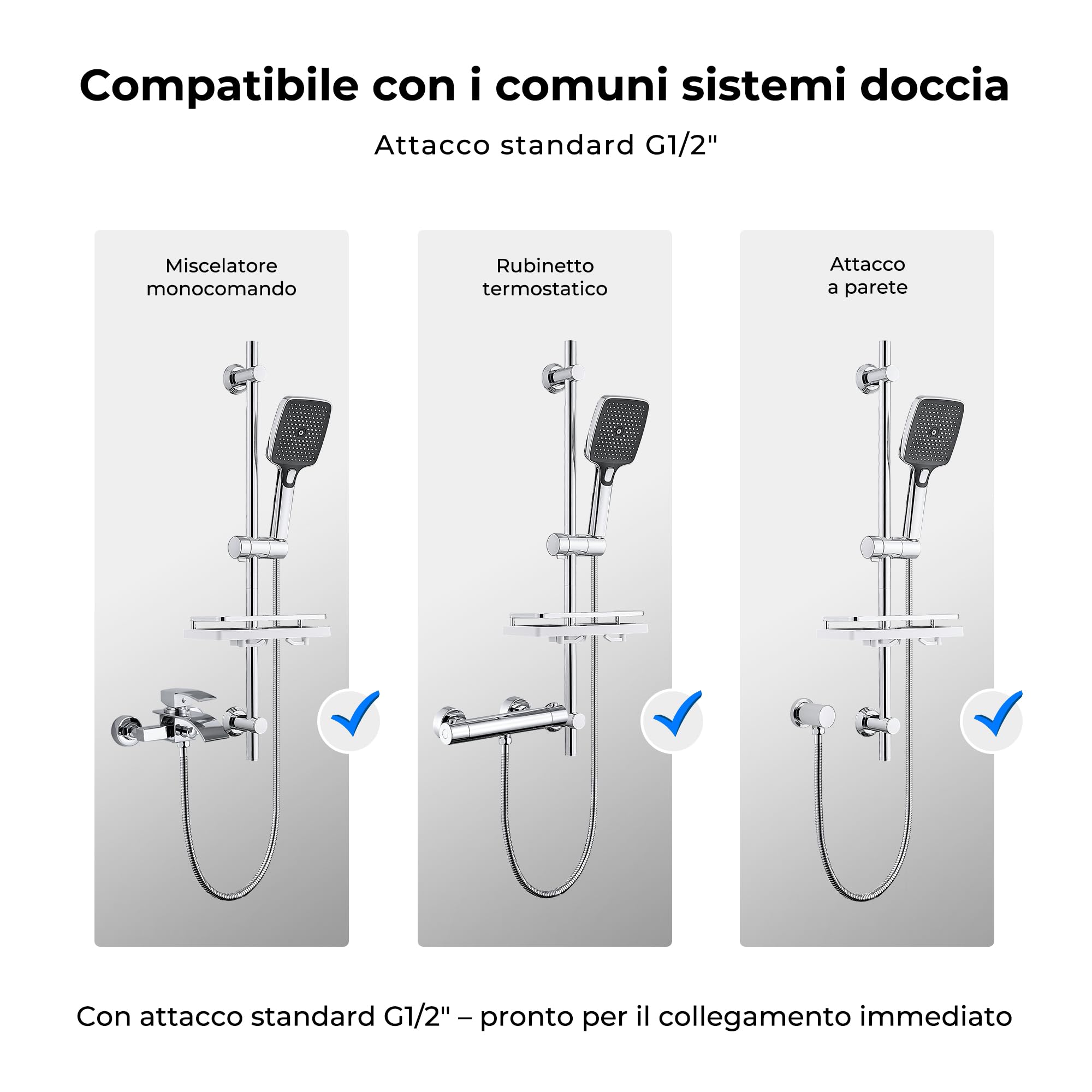 JOHO Colonna Doccia Senza Miscelatore, Asta Doccia Acciaio Inox 70 cm con Supporto Soffione Regolabile, Saliscendi Doccia Adattarsi ai Fori Esistenti con Doccetta 3 Geti e Mensola, Cromo