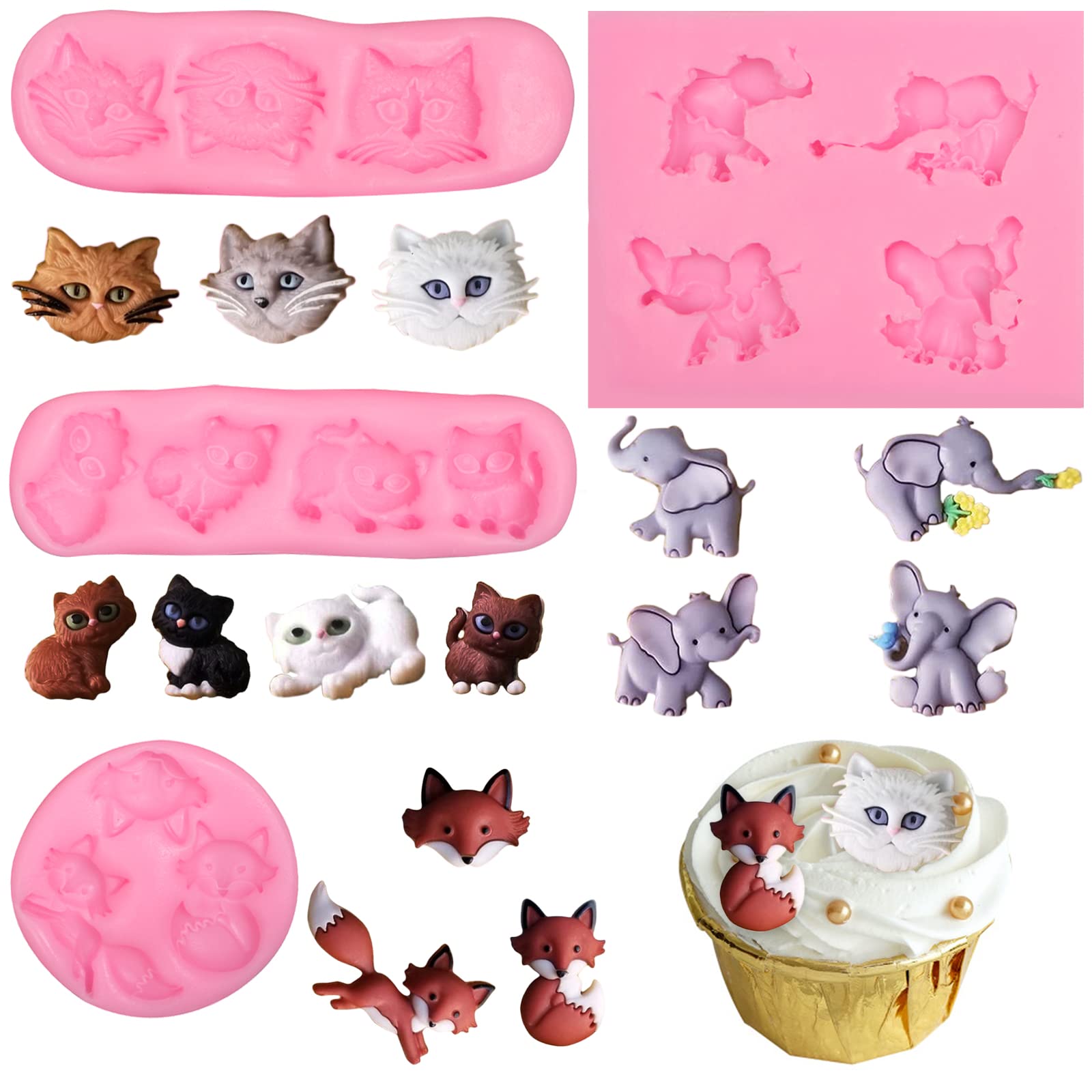 Elephant Silicone Chocolate Molds, 4 Pcs Cut Cat Foxes Animals Fondant Molds for Baby Shower Cake Decoration Candy Cupcake Topper Polymer Clay Crafts