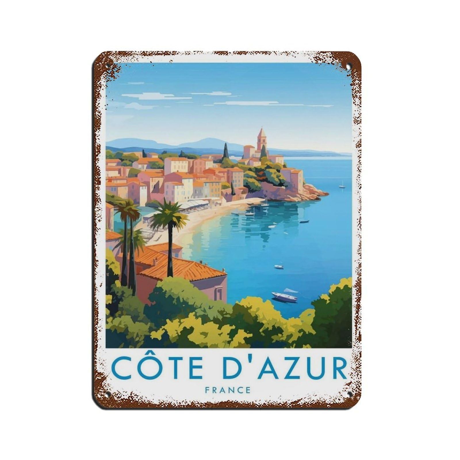 Cote D'Azur Travel Poster, France Retro Poster Metal Tin Sign Chic Art Retro Iron Painting Bar People Cave Cafe Family Garage Poster Wall Decoration 12x16inch(30x40cm)