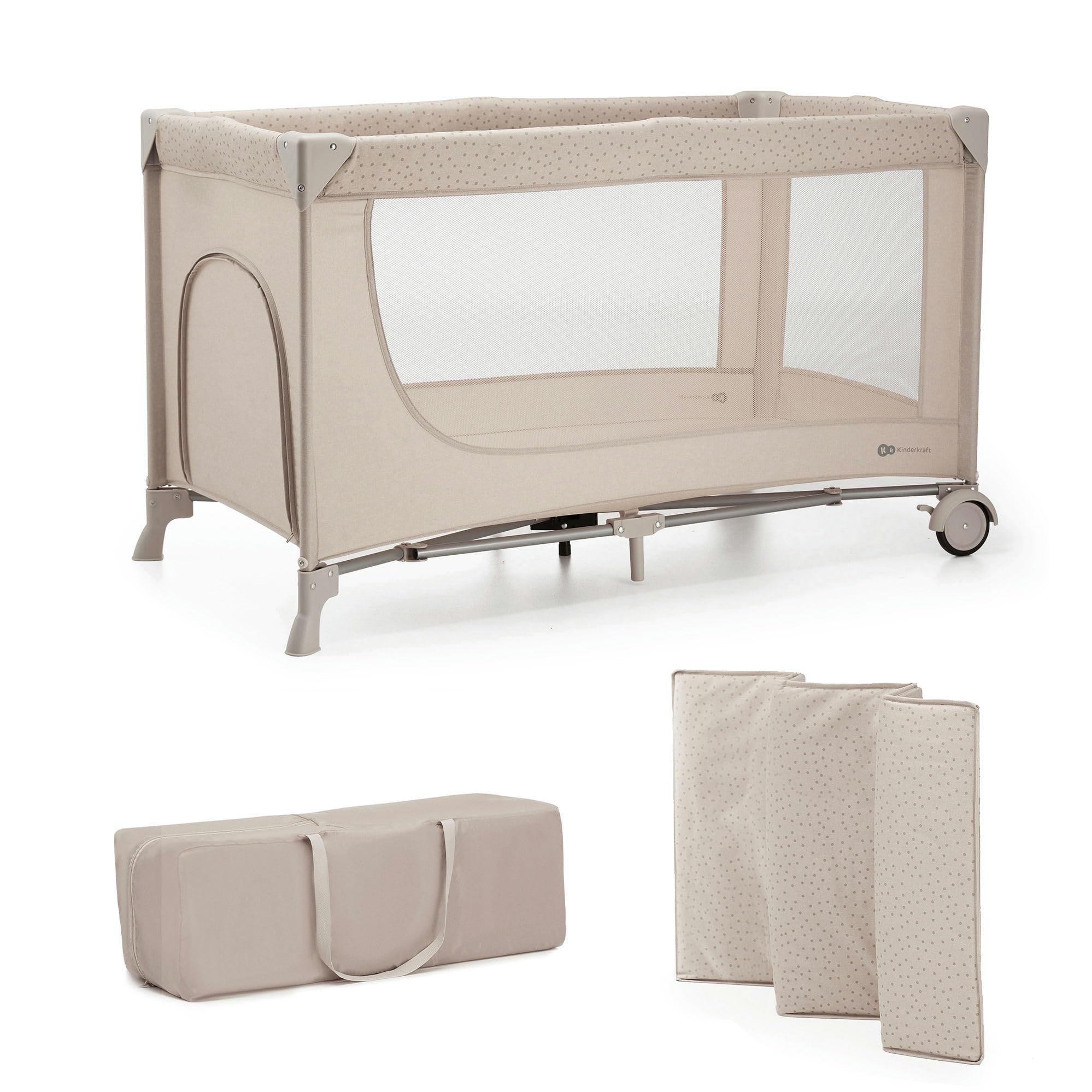 Kinderkraft Joy 2 Cuna de Viaje 3 en 1 para Bebé de hasta 25 kg, Plegado rápido y fácil, Entrada Lateral, Bolsa de Viaje, Beige