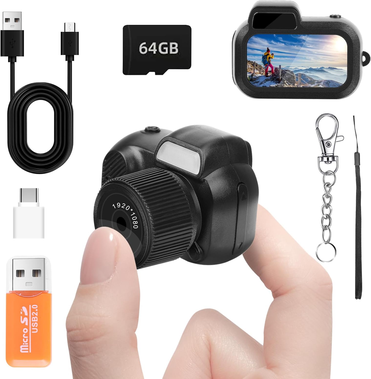 Mini Keychain Camera, FHD 1080p 8MP Mini Digital Camera with 64GB SD Card, OTG Adapters, Card Readers, Eight Filters, 100 Mins Battery Life Retro Camera for Travel Study Recording (64GB)