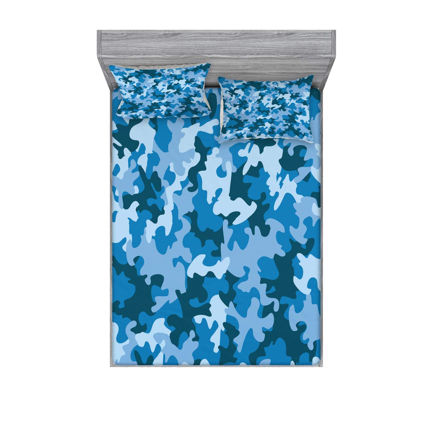 Ambesonne Camo Fitted Sheet & Pillow Sham Set, Colorful Composition with Abstract Shapes in Sky Color Shades Dark Motifs, Decorative Printed 3 Piece