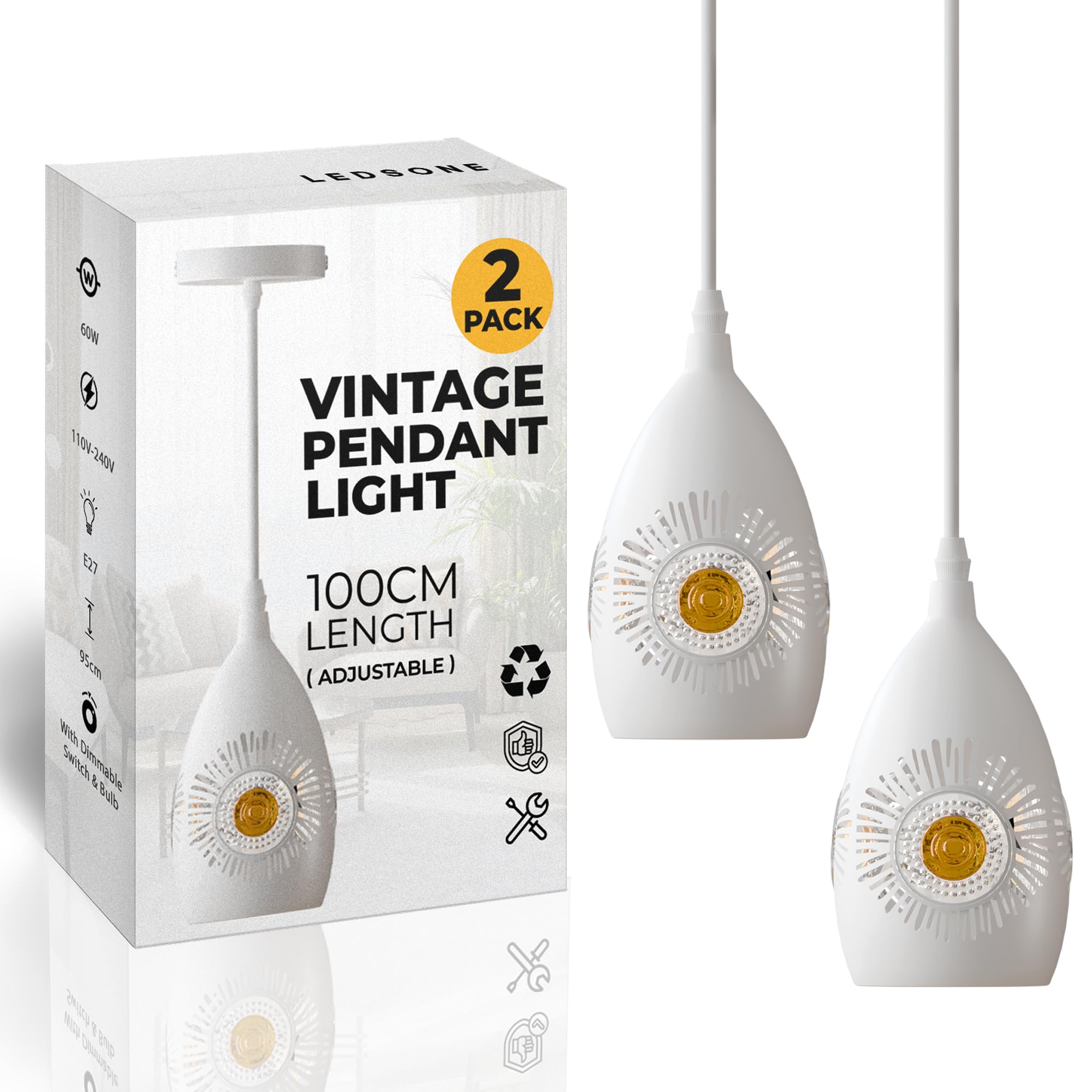 LEDSone 2-Pack Single-Head Industrial Pendant Ceiling Lights Adjustable 95cm Hanging Lamps with White Metal Shades E27 Holders Vintage Lighting for Kitchen Island, Dining Room & Bar