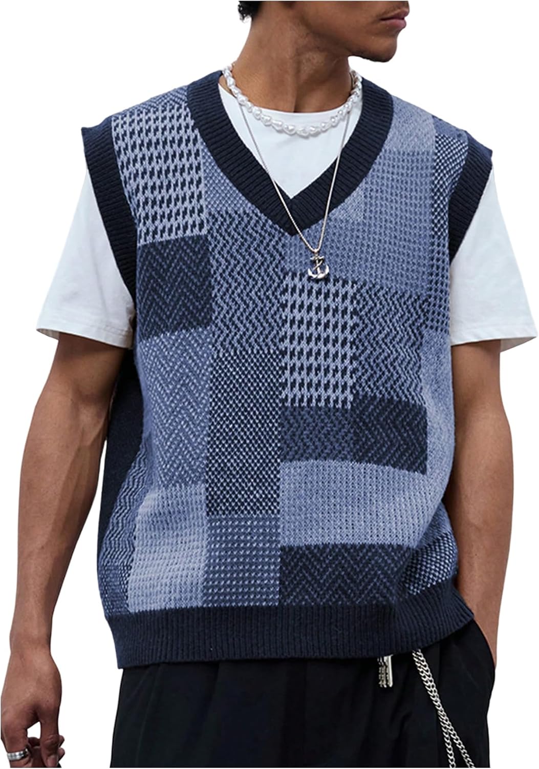 OYOANGLE Men's Vintage Plaid Sweater Vest V Neck Pullover Knit Tank Tops
