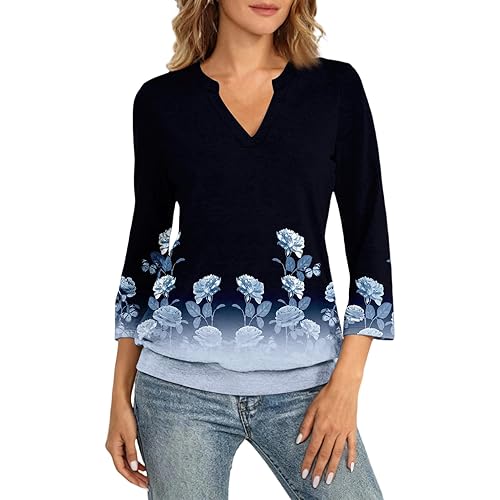 3/4 Sleeve T Shirts for Women Casual Tunics Top Loose Fit Dressy Outfit Printed Blouses Summer Tees V-Neck Work Tshirts