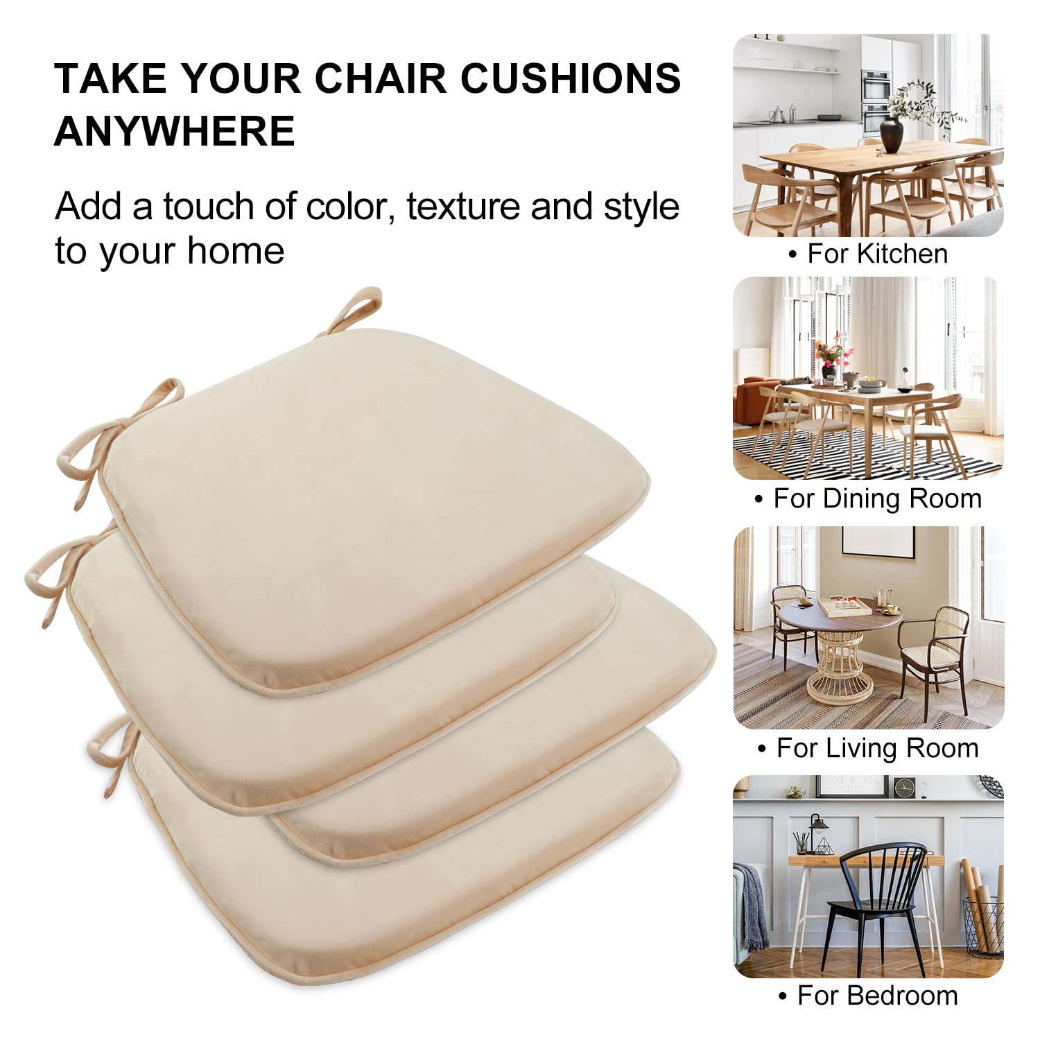 Wellsin Chair Cushions for Dining Chairs 4 Pack, Memory Foam Seat Cushions for Kitchen Chairs, 17"x15"x1.5" Kitchen Chair Cushions with Ties,Khaki