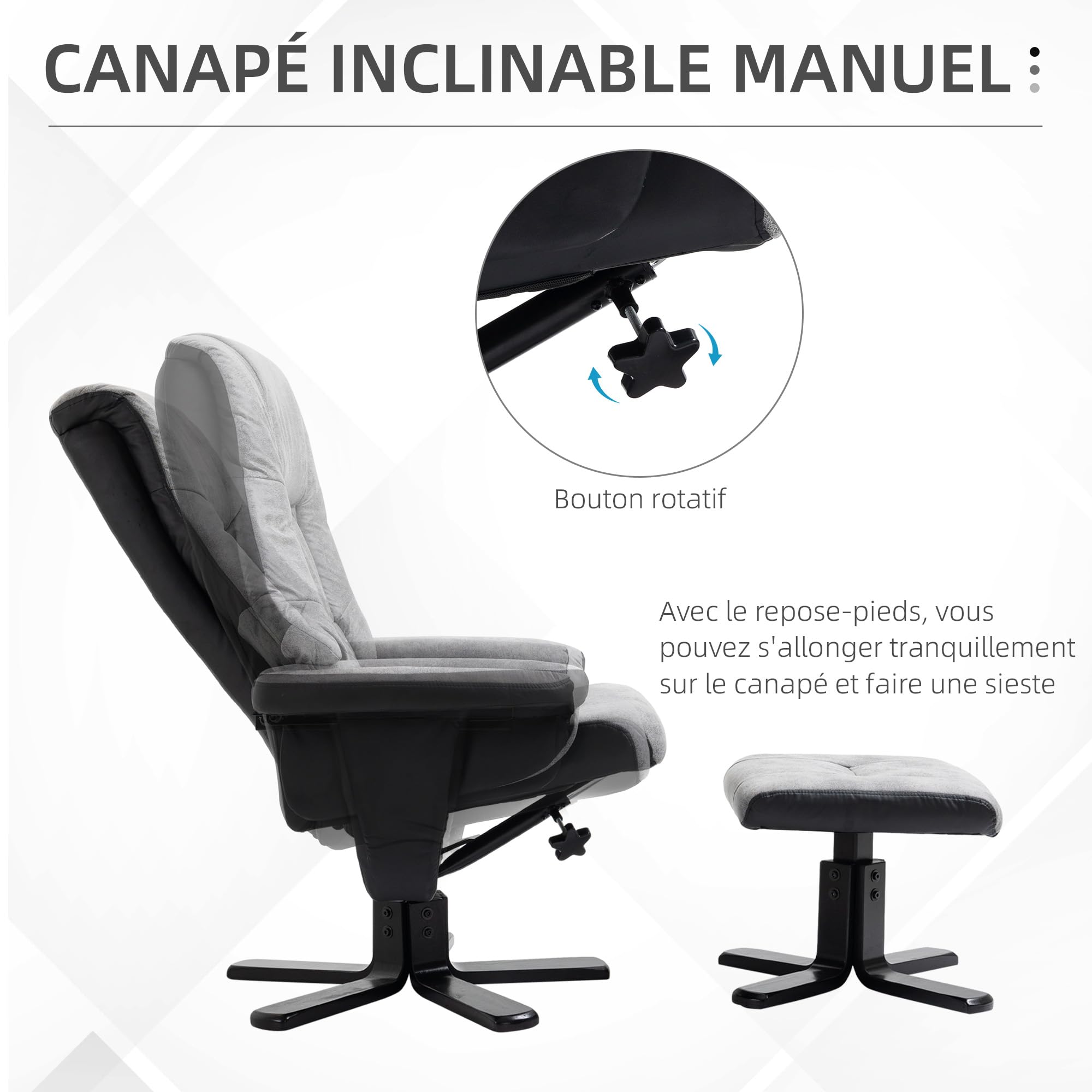HOMCOM Fauteuil Relax Fauteuil de Relaxation inclinable 135° avec Repose-Pieds pivotant 360° revêtement Microfibre Pieds en Bois Massif Assise épais rembourrée Gris
