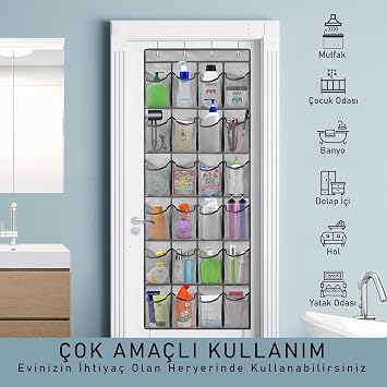 Valkyrie Kapı Arkası Ayakkabı Organizer 24 Gözlü – Askılı Dolap İçi Düzenleyici 4 Kancalı Gri