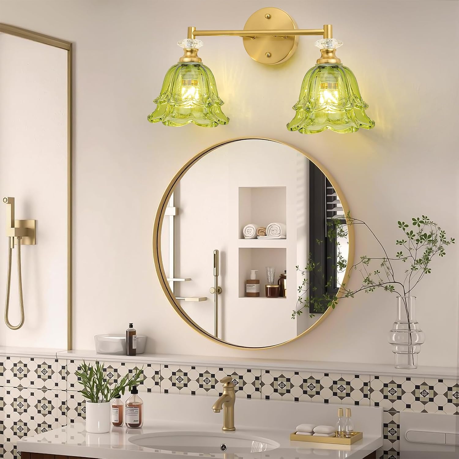 Vintage Bathroom Light Fixtures Over Mirror,Green Vanity Light for Bathroom,2 Light Brass Vanity Light with Flower Glass LampShade for Bedroom Living Room Hallway (Green, 2-Light)