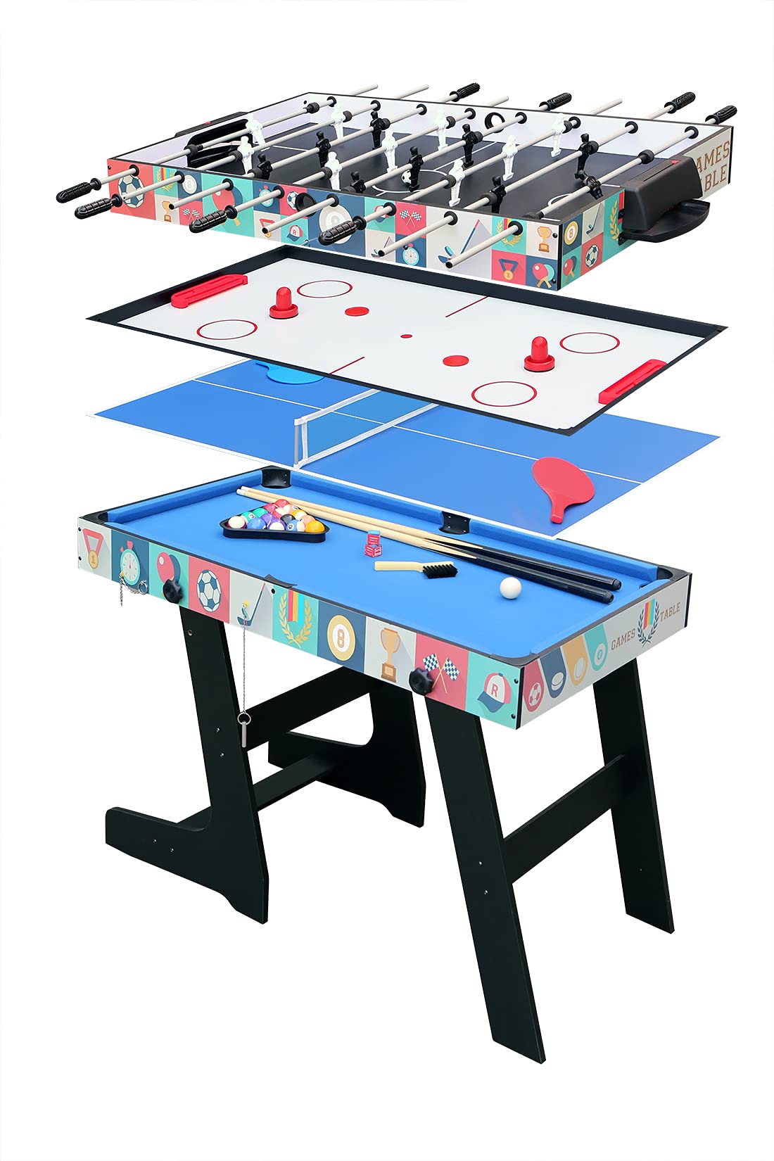 hj Table Pliable Multi Jeux 4 en 1 Pliante 121cm-Billard/Babyfoot/Hockey/Tennis de Table