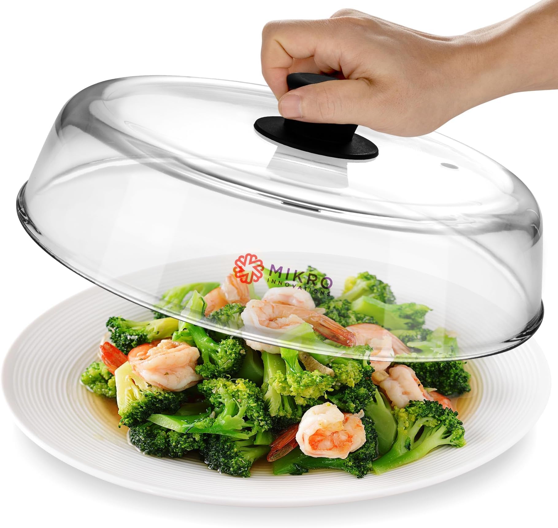 Mikro Innovations Microwave Glass plate cover for food - Sturdy Borosilicate glass splatter guard with vent hole - 100% Food Safe BPA free Easy Grip Silicone Knob and Dishwasher safe - 10.5in