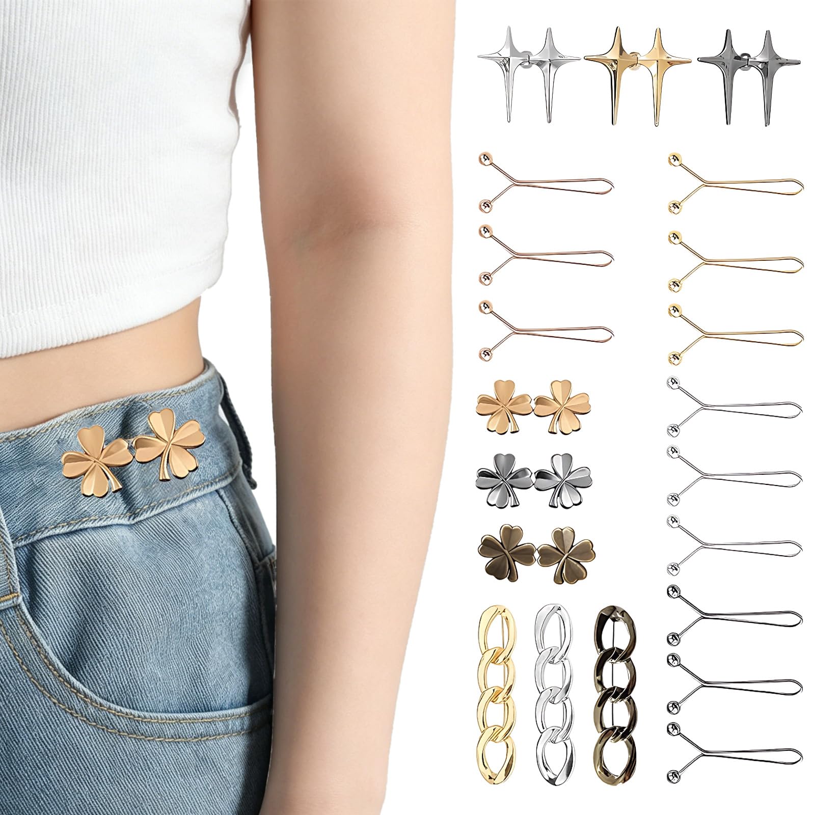 Hwanme Unisex Gold 21Pcs Jeans Waist Tighteners,Adjustable Waist Clips For Trousers,No Sewing Adjustable Waistband Buttons For Jeans, Trousers, Skirts