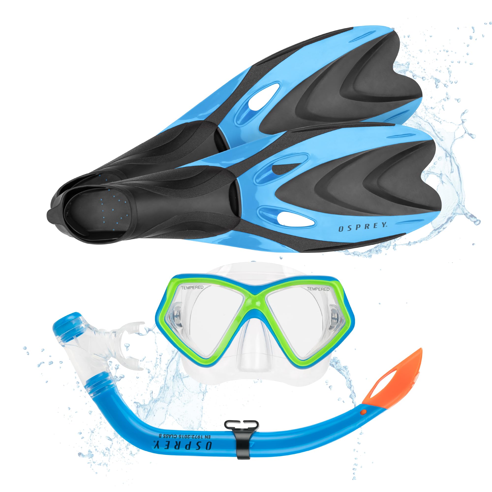 Osprey Snorkel Set with Mask, Snorkel Tube & Flippers, Tempered Glass Lens, Silicone Skirt and Purge Valve, Snorkelling & Scuba Diving Gear for Kids, Shoe Size 12-1