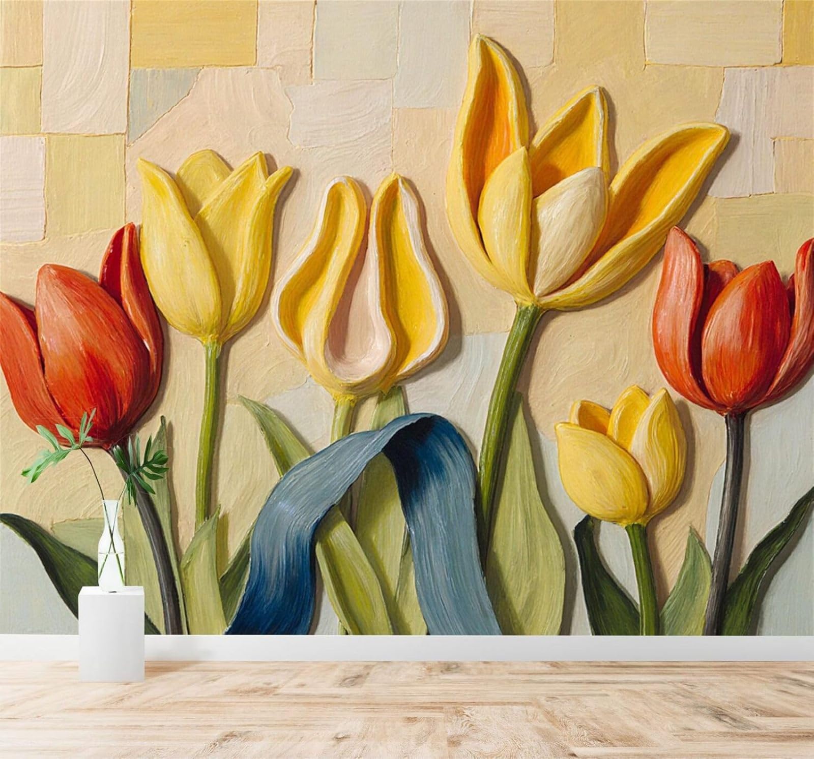 XLMING Beautiful Colourful Tulips Green Leaves Art 3D Wallpaper Premium Textured Silk Study Dining Living Room Bedroom Sofa TV Wall Easy Install-400cm×280cm