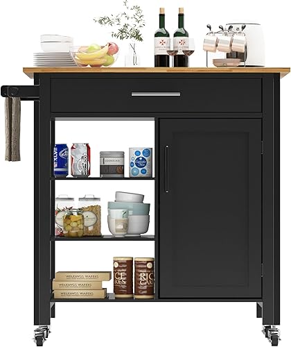 soges Isla de cocina con ruedas con cajón, carrito de cocina rodante con parte superior de madera de caucho, armario de almacenamiento y estantes