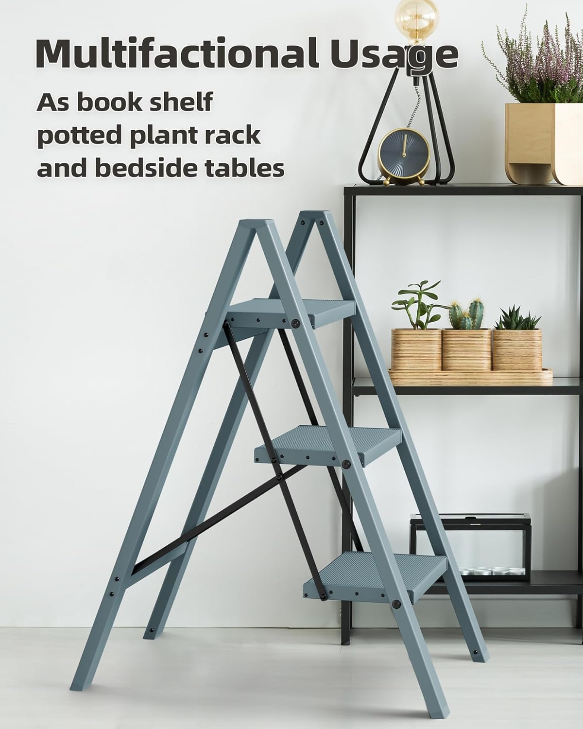 HillhutApex 3 Step Stool, Aluminum Foldable Step Ladder, Lightweight Stable Stool with Wide Non-Slip Pedals, 330lbs Bearing Capacity Ladder for Office,Home,Kitchen - Light Blue