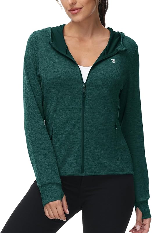TBMPOY para mujer UPF 50+ Chaquetas de senderismo con protección solar buzo ligera con capucha y cremallera | 4 bolsillos, chaquetas ligeras de secado rápido, camisa de manga larga con protección UV para atletismo Casual Running Travel Camping Pesca