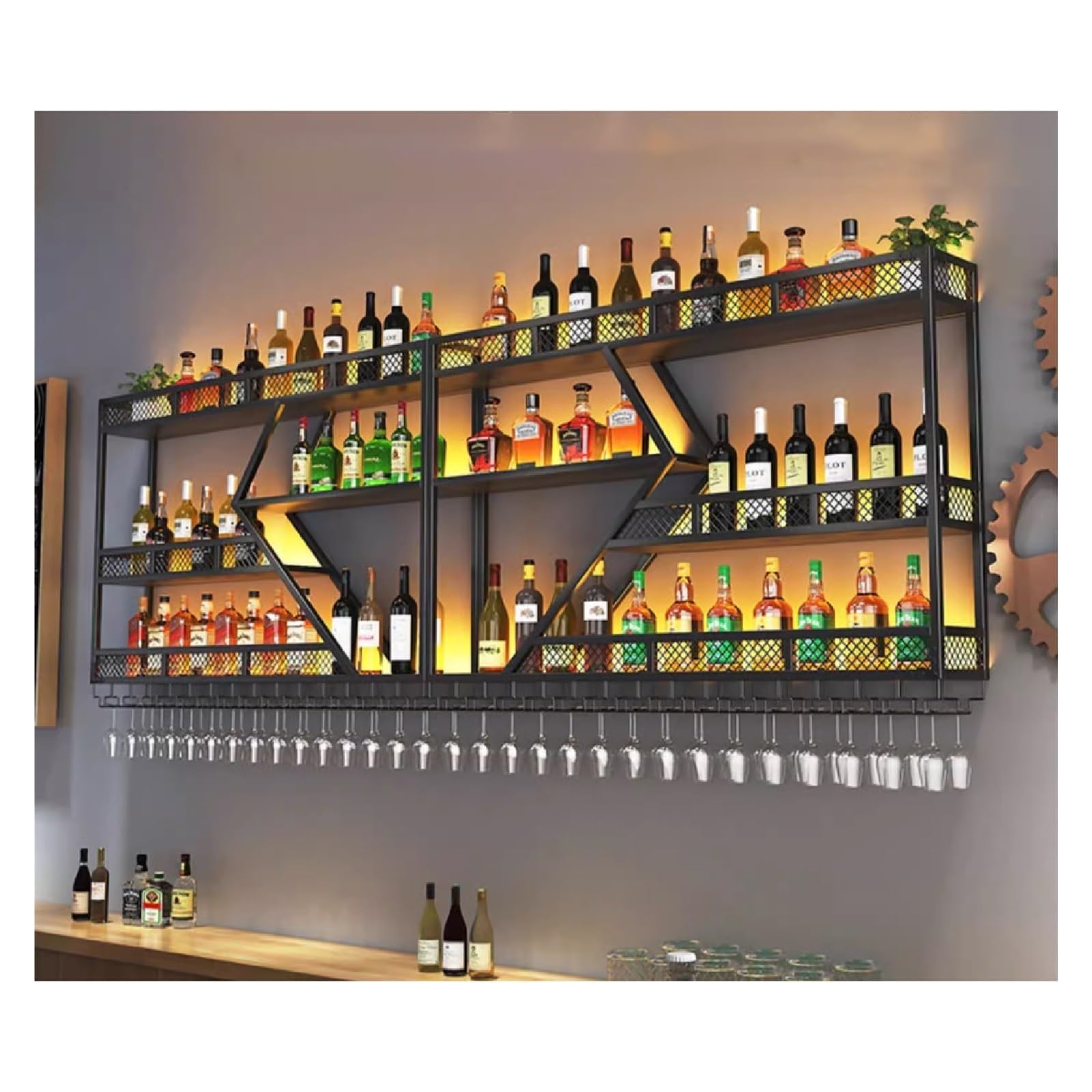 Estante para Botellas de Vino de Pared con Soporte para Copas y luz LED, Soporte metálico para Botellas, Estante de exhibición para Bar, Sala de Estar, Restaurante, Decor