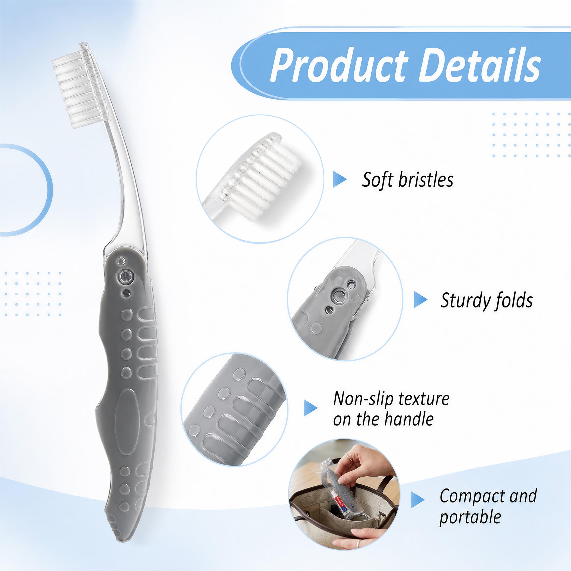 Spazzolino da viaggio e dentifricio, confezionati singolarmente, spazzolino pieghevole e dentifricio, pieghevole per una facile conservazione, disponibile in grigio e rosa, ideale per viaggi