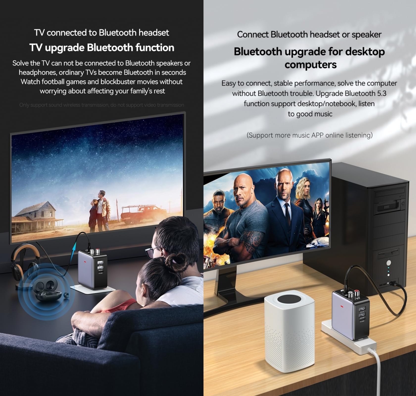Adattatore audio Bluetooth Bluetooth 5.3 Ricevitore Trasmettitore Ricarica Microfono Canto 4 in 1 con Connessione AUX da 3,5 mm, RCA, Microfono da 6,5 mm per Cuffie,TV,Lettori