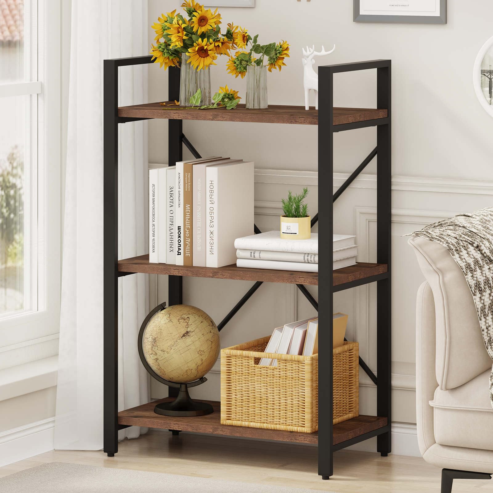 BON AUGURE 3 Tier Industrial Bookshelf, Office Small Open Book Shelf for Small Space, Short Wooden Etagere Bookcase (Rustic Oak)