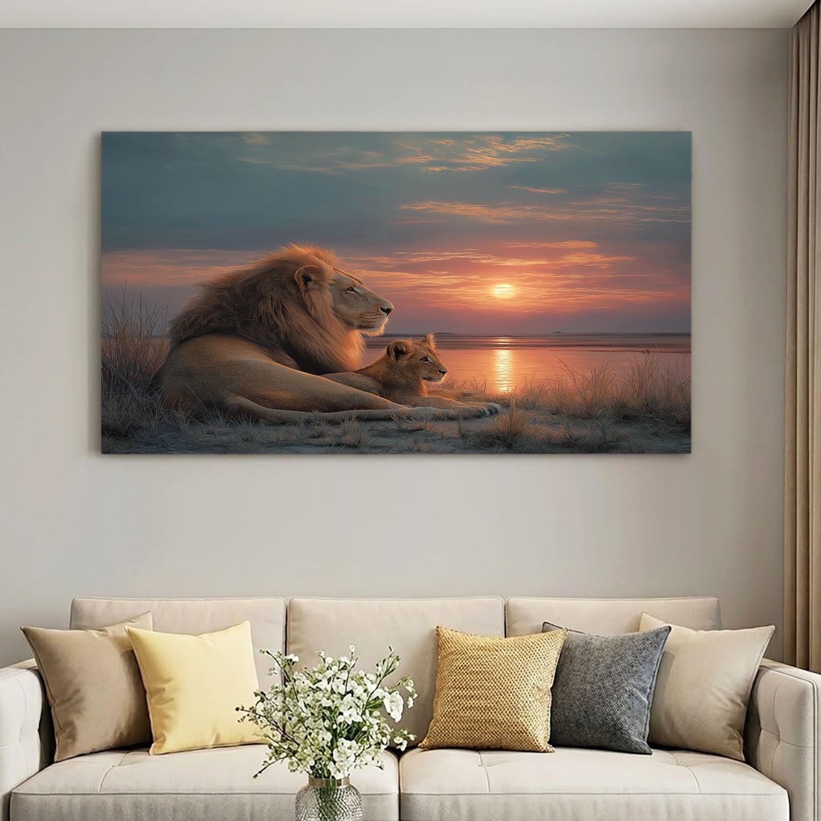 Lienzo decorativo enmarcado para pared, paisaje natural, impresión animal, cubo de león, decoración de pared, para dormitorio, sala de estar o entrada, decoración del hogar, con ganchos y clavos, 90 x