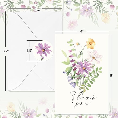 Miniatura 2 de AnyDesign Paquete de 36 tarjetas de agradecimiento florales, tarjetas de felicitación de flores silvestres en acuarela con sobres, calcomanías para