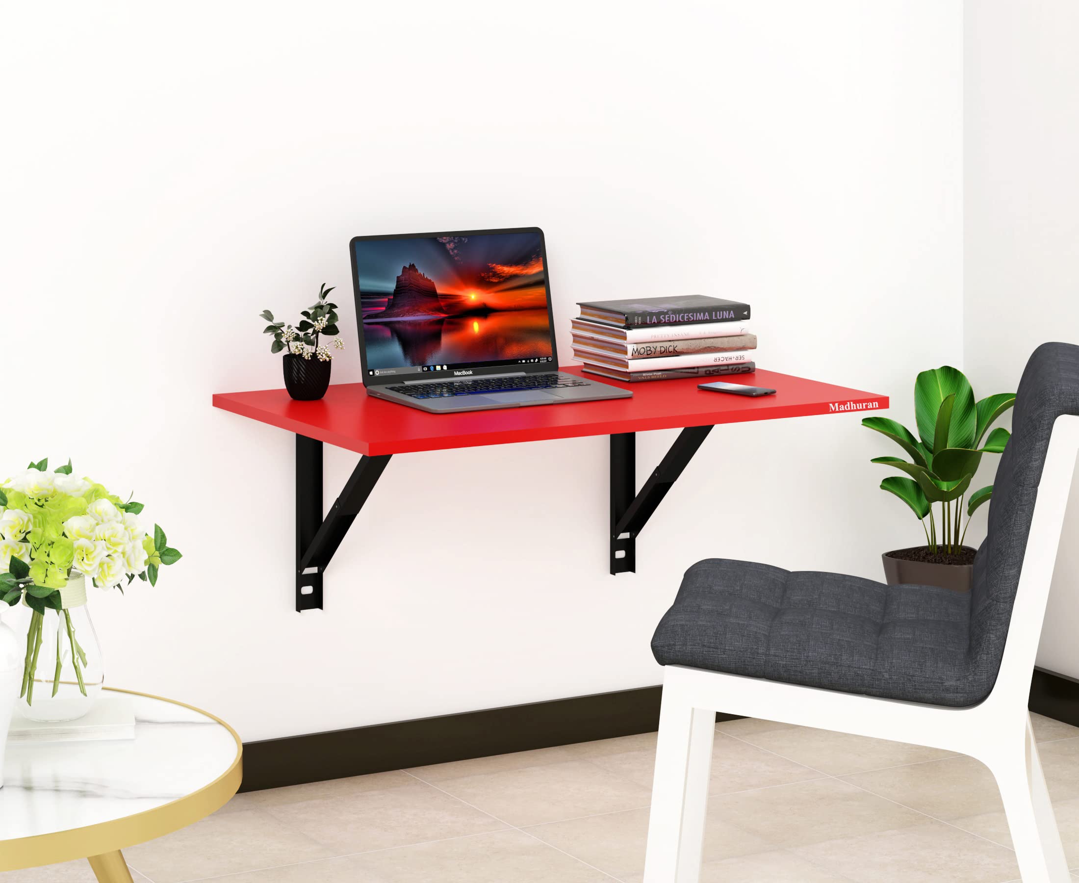 Madhuran Elai Engineered Wood Wall Mounted Laptop Foldable Study Pc Table (80x53 cm Red) Office Bedroom Living Room Multipurpose Furniture Accessories Workstation