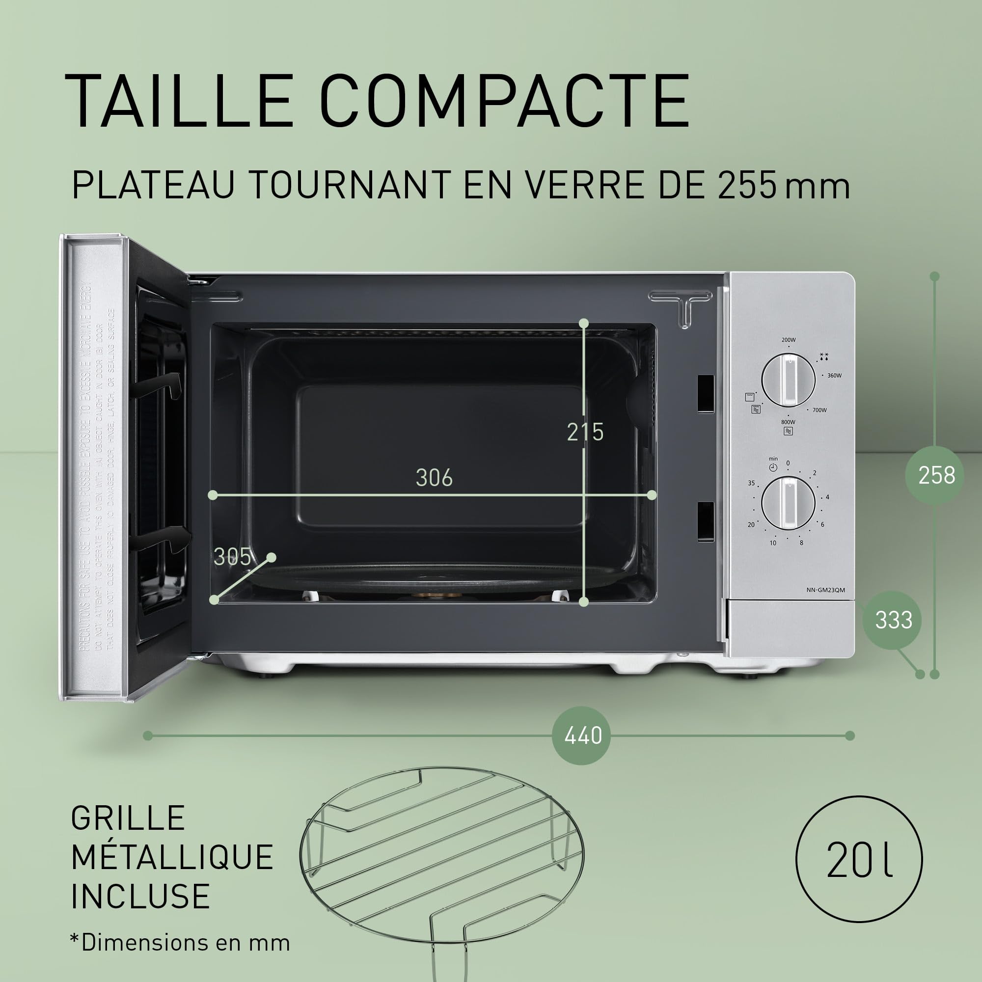 Panasonic NN-GM23QMEPG Four à Micro-Ondes Gril 20L avec Plateau en Verre et Grille Métallique, 800W, Grill 1000W, Décongélation, Réglage par Cadran, Quick 30, Minuterie, Argent