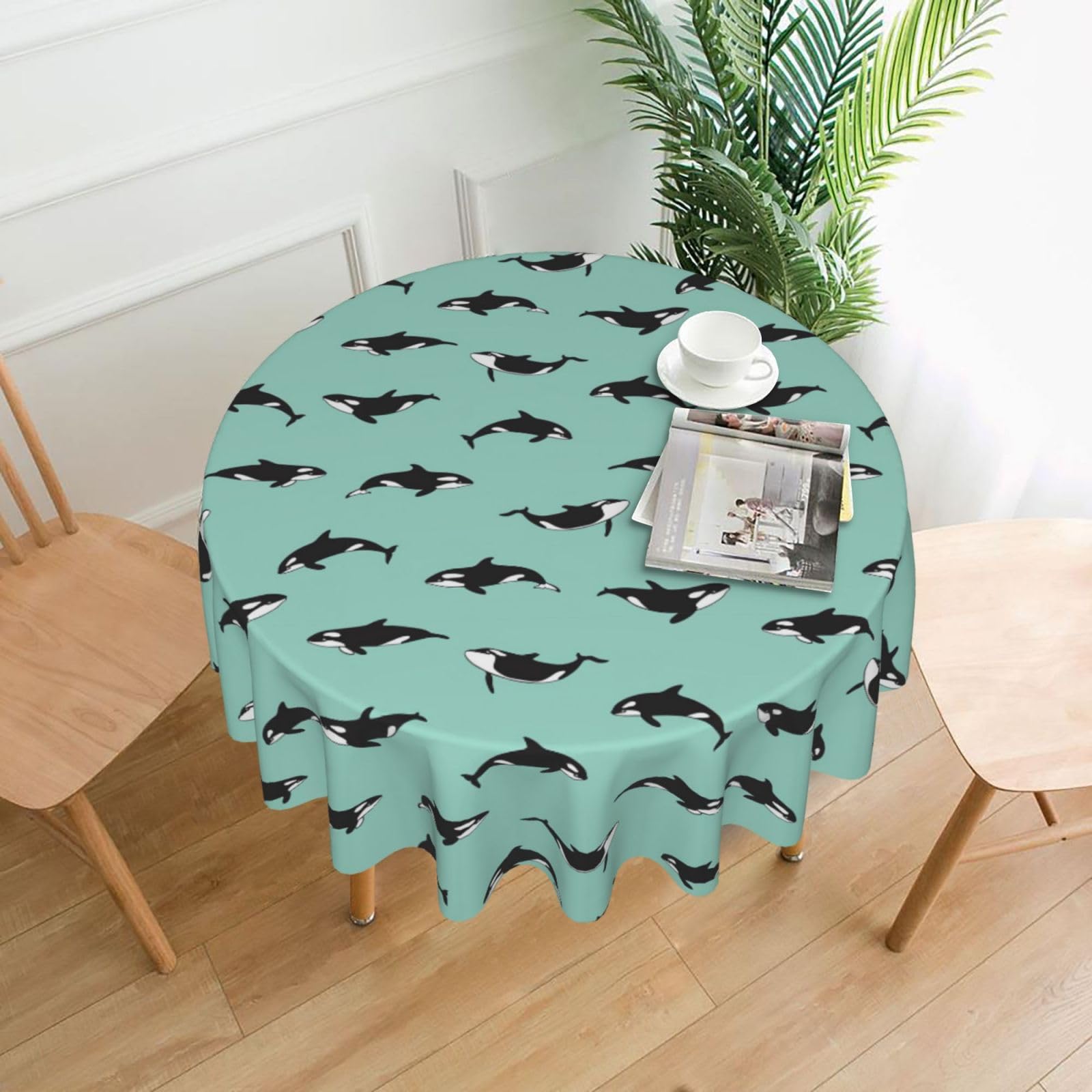 Nbtghga Pacific Ocean Whale Print Tablecloth Round Border Table Cloth Cover Decorative For Party Holiday Dinning Tabletop Home