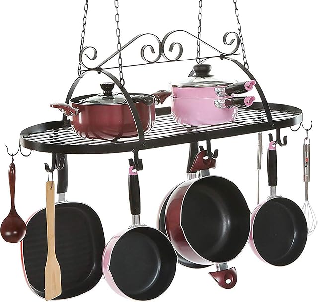 MyGift Designer Black Scrollwork Metal Ceiling Mounted Hanging Kitchen Utensils, Pots, Pans Holder Hanger Rack