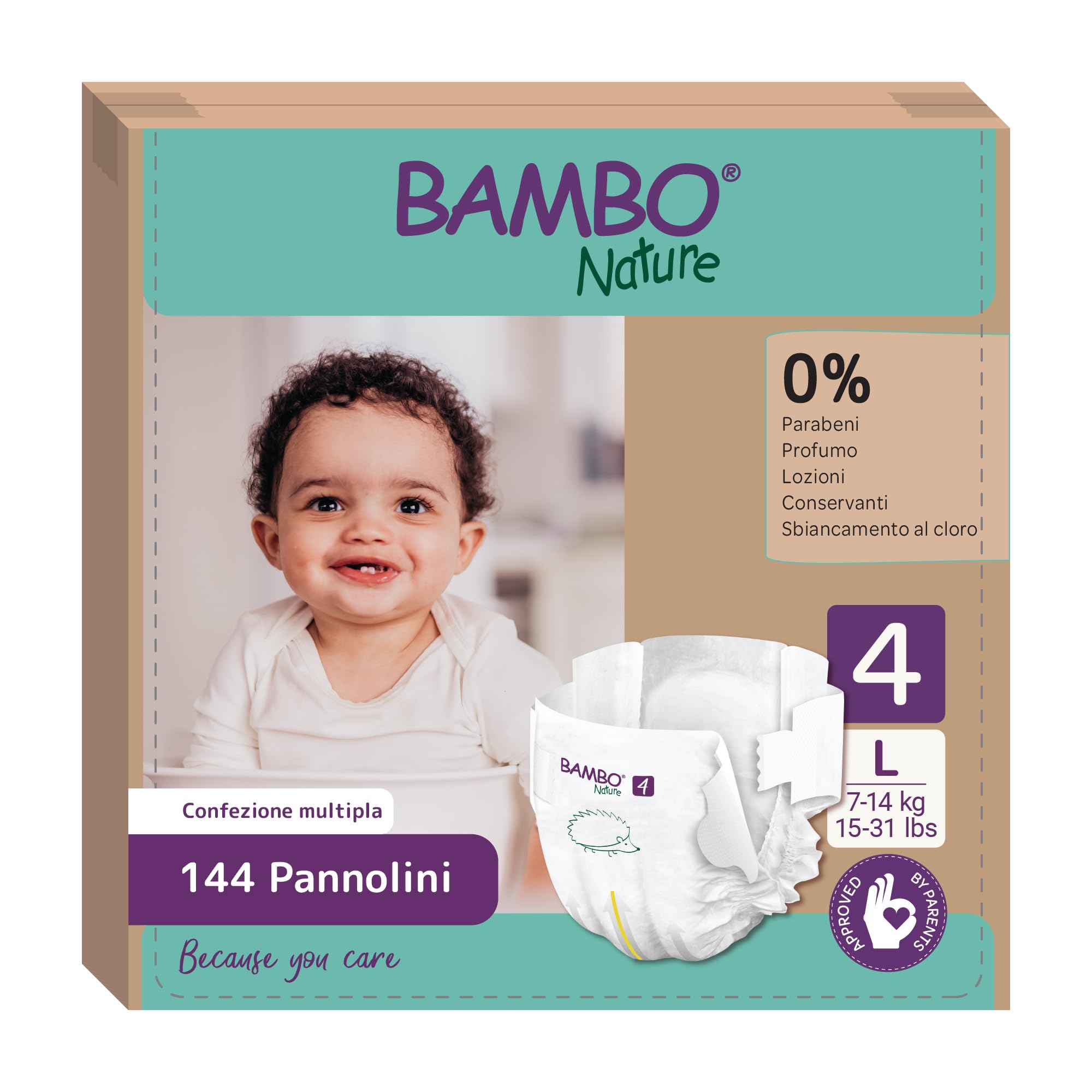 Bambo Nature Pannolini taglia 4 (7-14 kg) 144 pz. Scatola mensile premium protezione perdite dermatologicamente testati