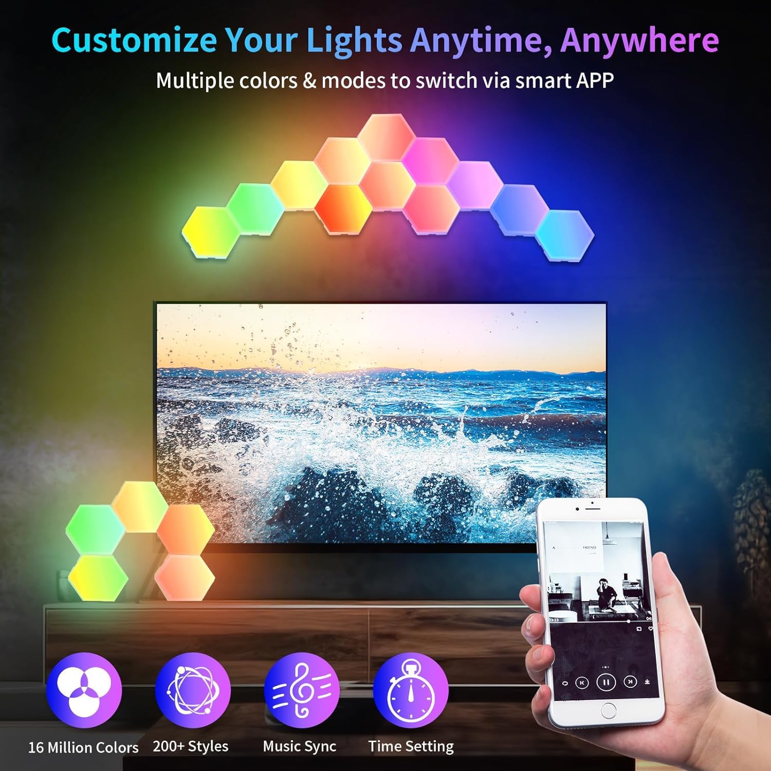 Paquete de 16 luces LED hexagonales RGB, paneles de pared con aplicación y control remoto, sincronización de música, juegos, sala de estar, dormitorio