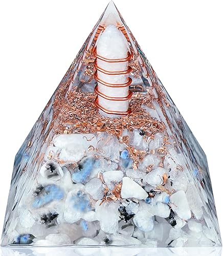 YATOJUZI Cristales de pirámide de orgón de 2.4 pulgadas, cuarzo transparente, piedra lunar, chakras, reiki, piedras preciosas de orgonita, energía