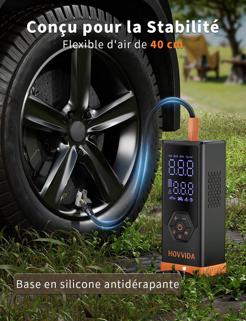 HOVVIDA Przenośna pompka do opon, kompresor samochodowy, akumulator 7800 mAh, 12 V DC, 150 PSI, przepływ powietrza 40 l/min, szybkie pompowanie, przenośna pompka do minivanów | 12 V DC, 10,3 bar (150 PSI), 40 l/min, szybkie pompowanie, pompa do MPV, SUV,