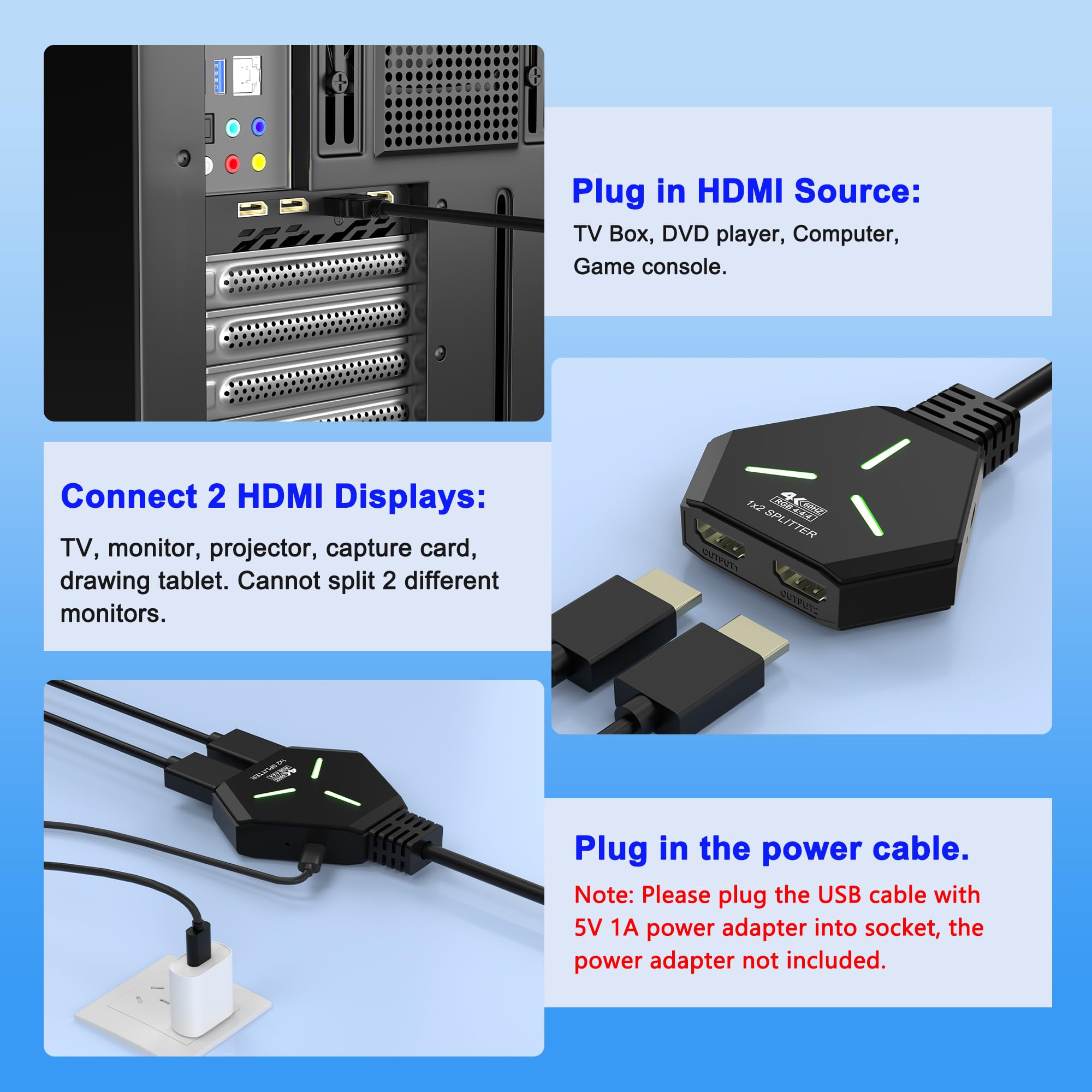 Splitter HDMI 1x2, 4K @ 60Hz HDMI 2.0 Splitter 1 in 2 Out per doppi monitor, 1 sorgente a 2 display, supporta 18Gbps ad alta velocità, HDCP 2.2, 3D, HDR, compatibile per proiettore/TV/monitor.