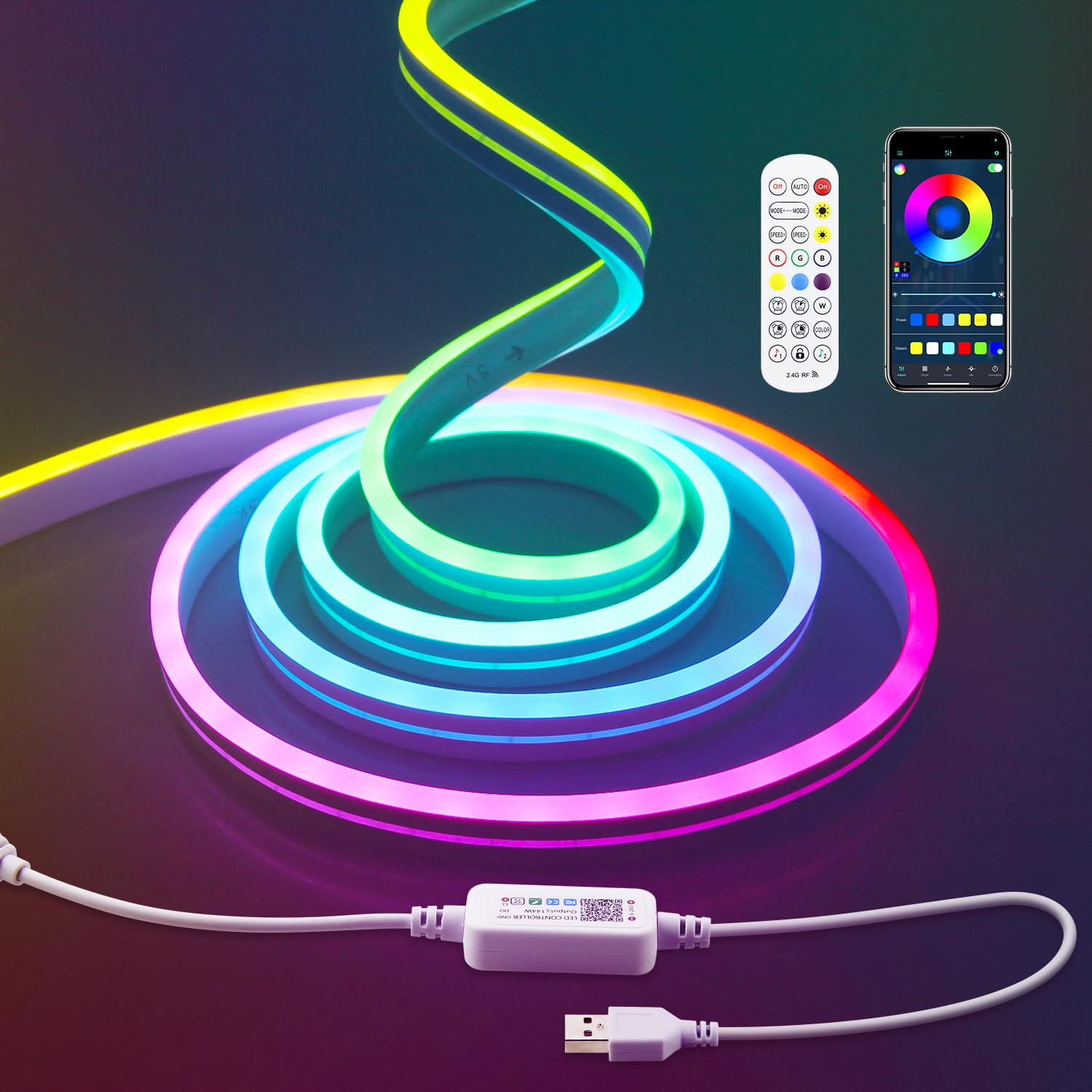 Aclorol RGB LED Neon Strip Lights 2M 5V USB Addressable LED Rope Strip Dimmable LED Neon Flex Music Sync with App Control Waterproof for Bedroom Indoor Outdoor Gaming Room Bar Party Decoration