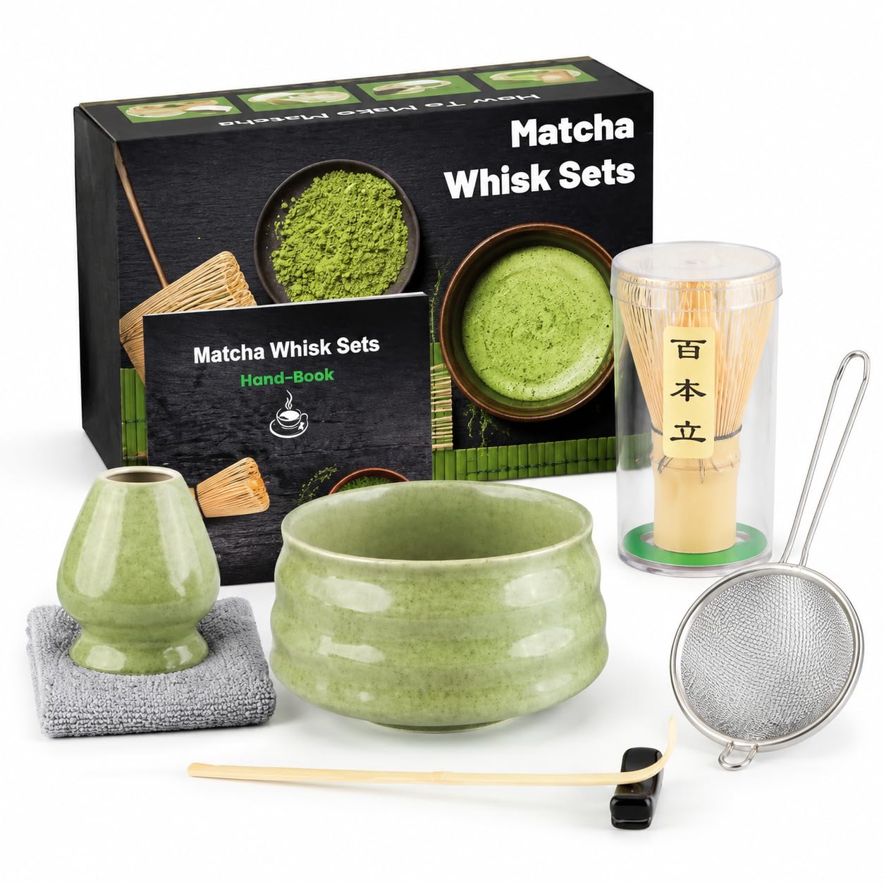 7 Piece Matcha Set, Japanese Tea Sets, with Flat Mouth Thread Bowl, Matcha Green Whisk, Matcha Brush, Shovel, Strainer, Shovel Rest & Absorbent Towel - Matcha Green
