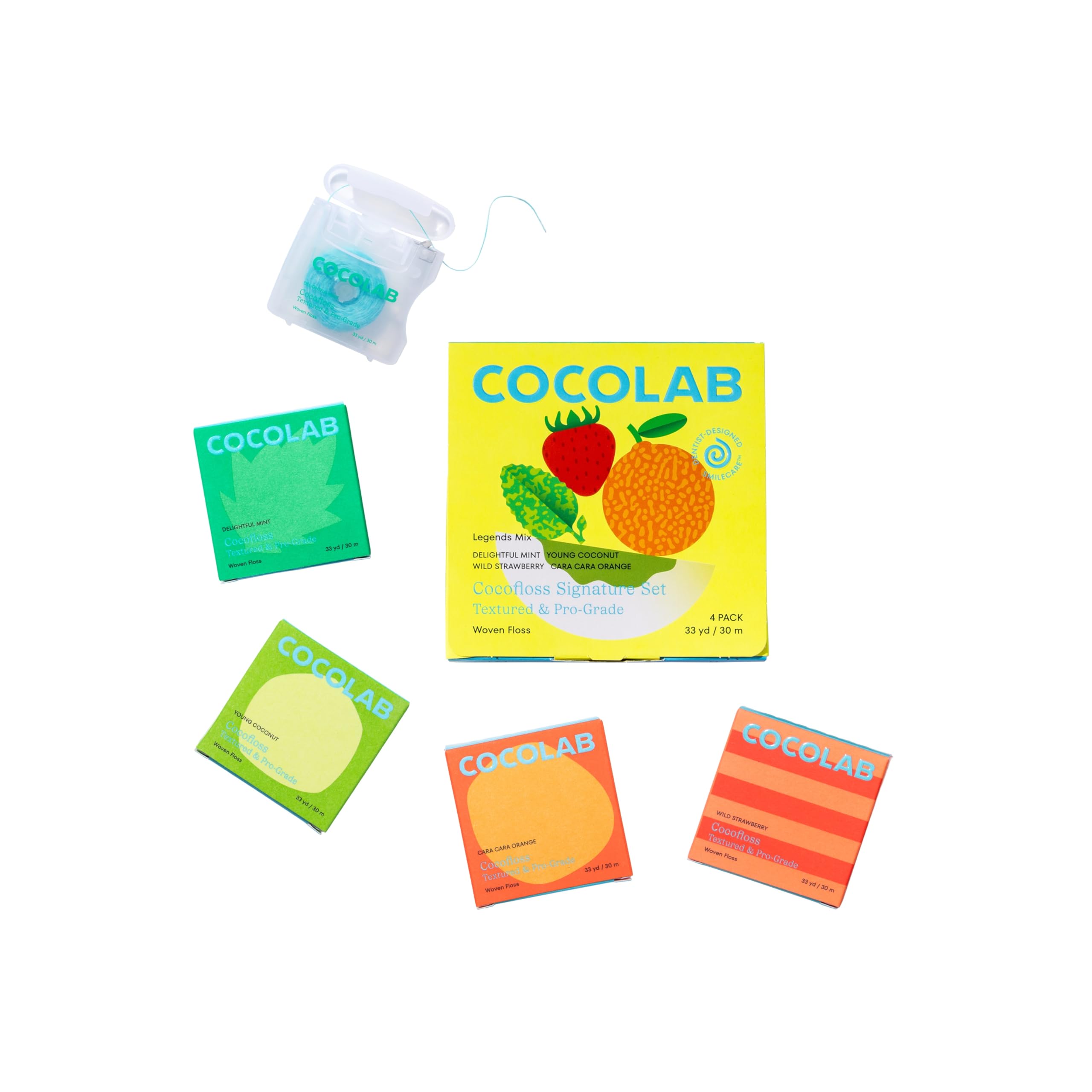 Cocofloss Woven Dental Floss, Dentist-Designed Oral Care, Waxed, Vegan, Kid-Friendly, with Coconut Oil, 4-Pack of Mint, Coconut, Orange, Strawberry (33 yard Each)
