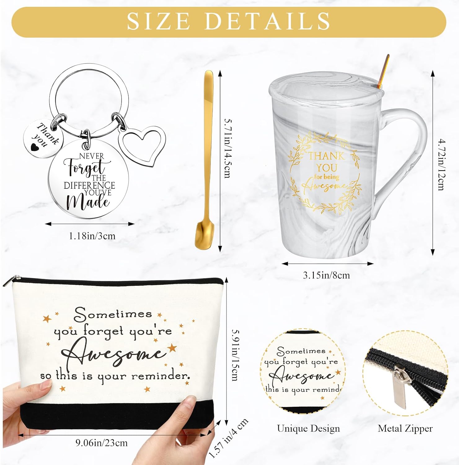 Hoolerry 3 Pcs Appreciation Gifts for Women Thank You Coffee Mug Cups with Lids Spoon Inspirational Cosmetic Bag Keychain for Teacher(Elegant Style) - Image 2