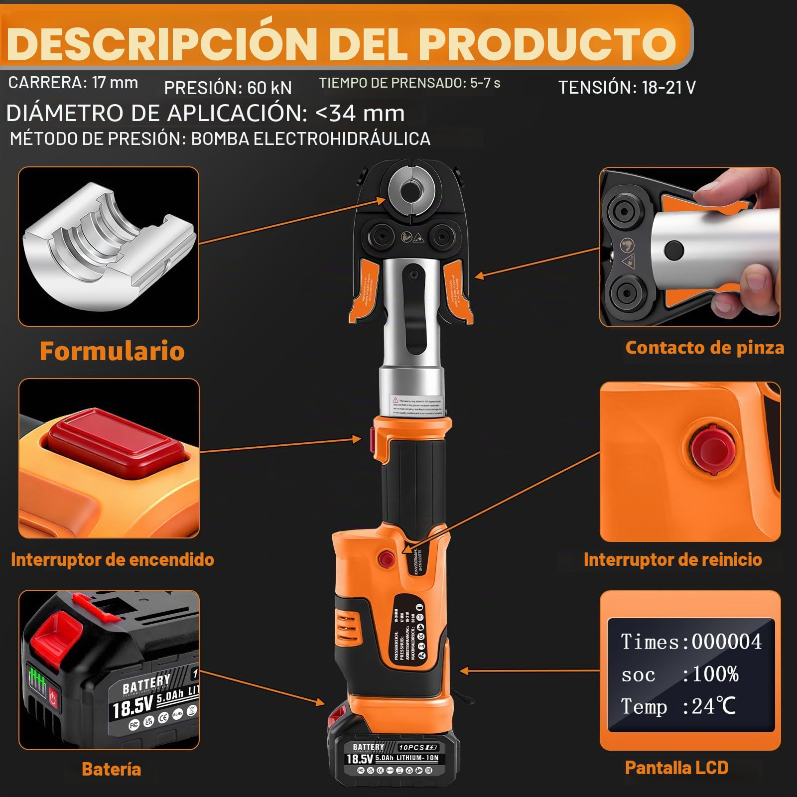 Juego de herramienta de prensado de tubos con batería de 18V con contorno V y contorno TH, prensa eléctrica para tubos de cobre con V15-18-22-28 y TH16-20-26-32, 2 baterías de 5 Ah y cargador rápido