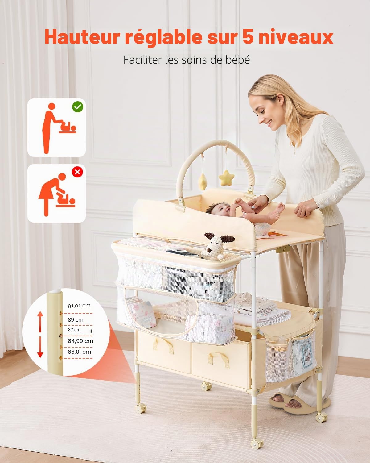 VEVOR Table à Langer Pliable, Plan à Langer 2 Tiroirs en Tissu, Panier Latéral et Tringle de Suspension, Meuble pour Bébé Réglable en Hauteur, avec Roulettes Verrouillables et 2 Jouets Étoiles, Beige