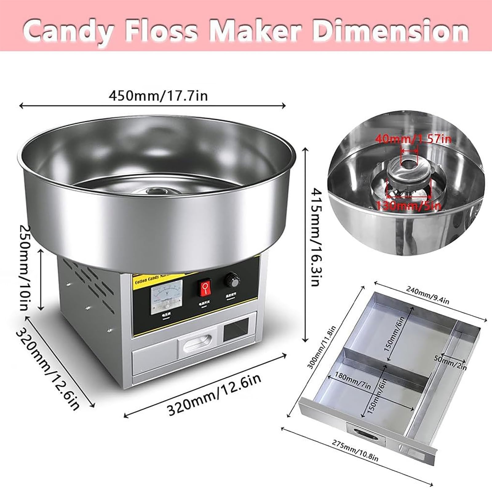 TsoLay Máquina Comercial para Hacer Algodón De Azúcar, Máquina Eléctrica para Hacer Malvaviscos De Colores Elegantes con Recipiente De Acero Inoxidable De 45 Cm, Temperatura Ajustable, para Fiestas