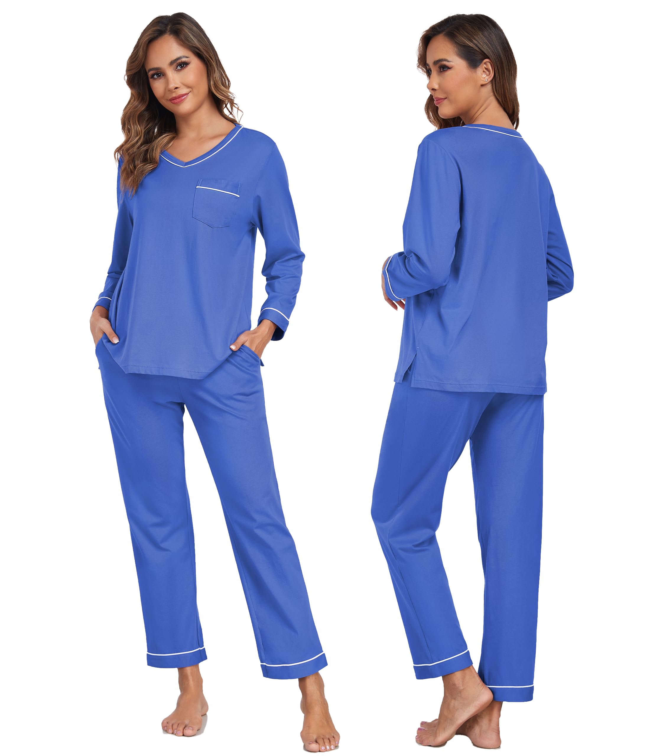 COLORFULLEAF Pyjama long pour femme, 100 % coton, 2 pièces, avec col en V, vêtements de nuit, à manches longues