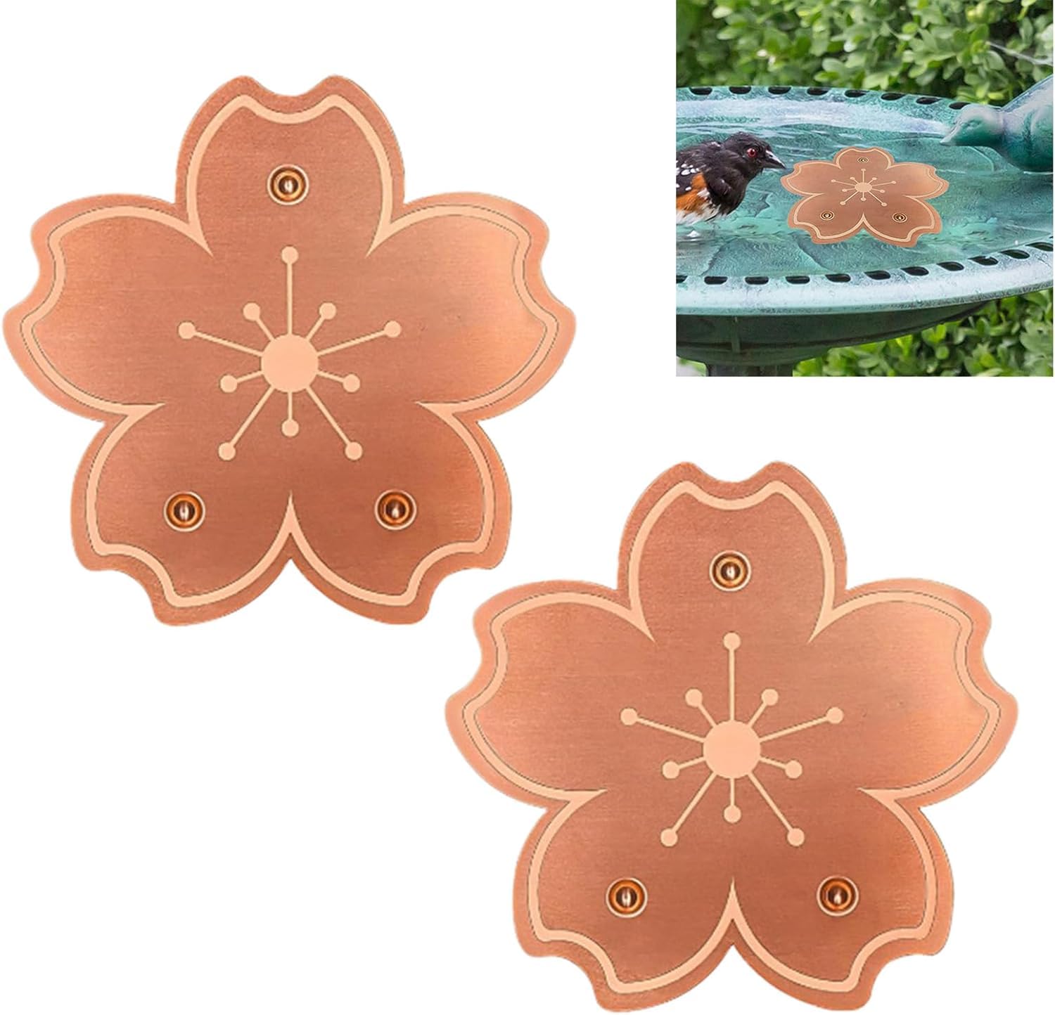 Copper Disc for Bird Bath, Copper Disk, Coppers Birds Baths Purification Disc with Triple Point Support, Flower Shape Physical Cleaning Birdbath Cleaner Disk Water Purifier Bowl for Garden (A 2Pcs)