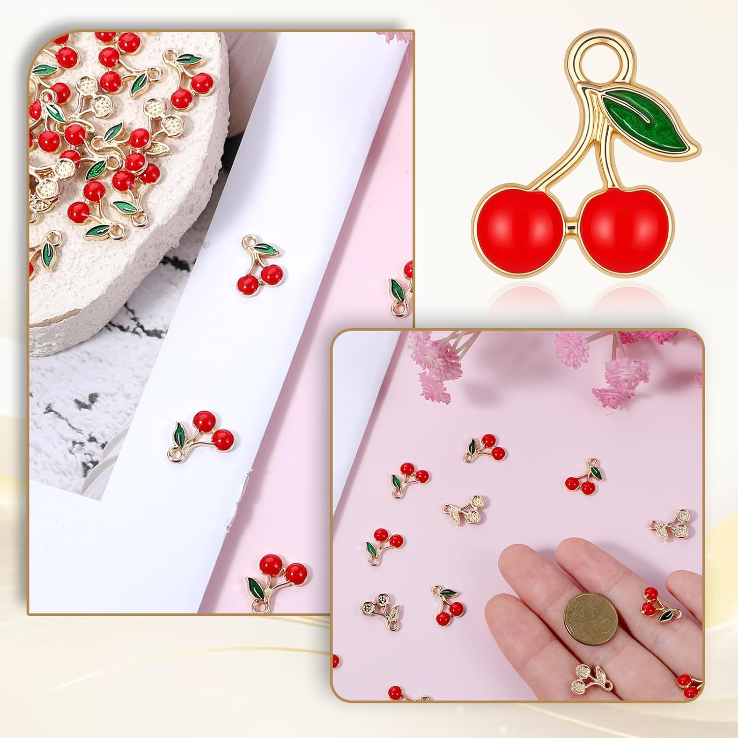 60 PCS Cherry Charms Red Enamel Fruit Charms Bulk Red Cherry Pendants Golden Metal Alloy Fruits Food Cherries Cherrys Charm for Jewelry Making Bracelet Necklace Earrings, DIY Crafts - Image 4